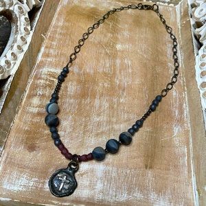 LOYAL MUSE Necklace Black Wood Skin Jasper Red Glass Beads Silver Gunmetal Cross